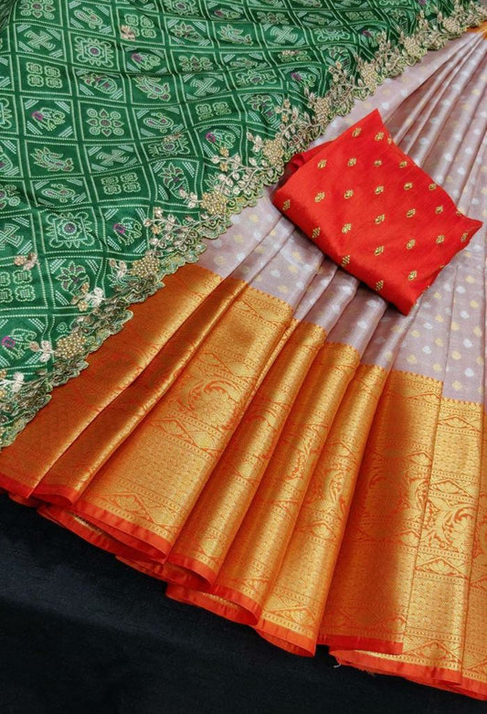 Banarasi Silk Green & Silver Half Saree With Wide Orange Border