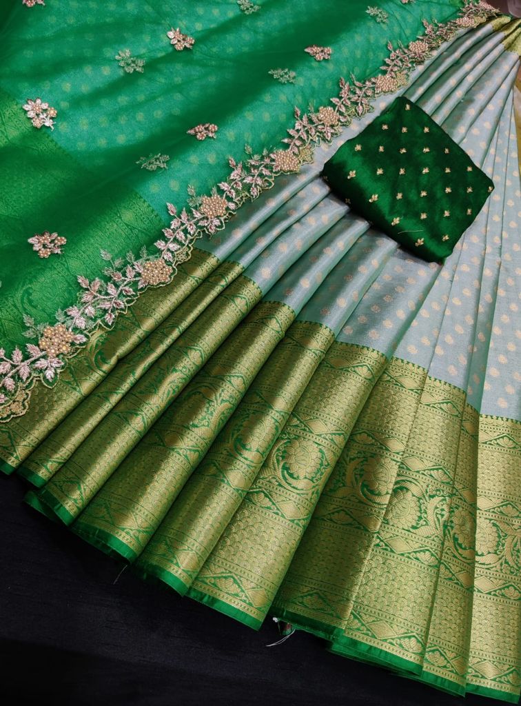 Banarasi silk half saree Langa Voni with belt and work blouse and skir –  siyarasfashionhouse